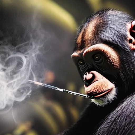 Image similar to a high detail shot of a chimp wearing a suit, smoking, unreal engine