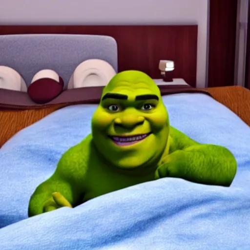 Prompt: shrek creeping into room, pov from bed