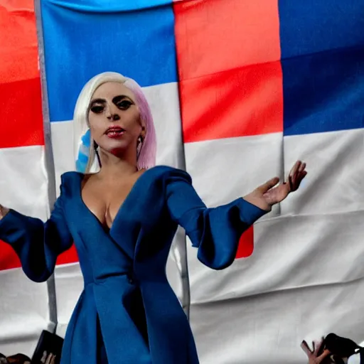 Image similar to Lady Gaga as president, Argentina presidential rally, Argentine flags behind, bokeh, giving a speech, detailed face, Argentina