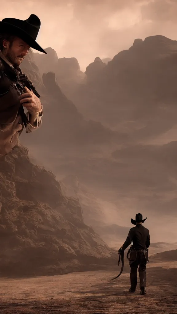 Prompt: the man in black fled aross the desert, and the gunslinger followed. hyperrealistic, photorealistic, concept art, fantasy art, wild west, cowboy, mystical, trending on artstation, digital illustration, cinematic lighting, 4 k, ultra hd, beautiful colors, highly detailed, octane render, unreal engine 5