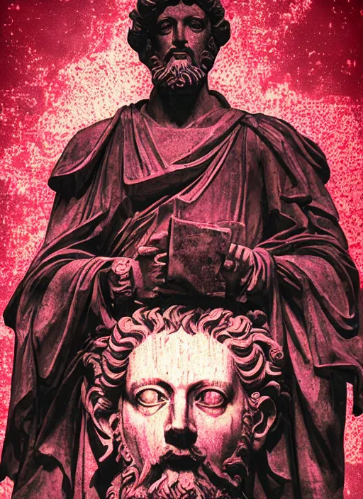 Image similar to design poster showing a statue of marcus aurelius, black background with very subtle red and purple design elements, gradients, powerful, nekro, guido crepax, graphic design, collage art, thin lines, dark, glitch art, neo vaporwave, gritty, layout frame, square, trending on artstation