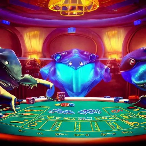 Prompt: Blue toned rainbow colored tropical alien evil shark crocodile gamblers happy colorful full body, centered in frame wide angle clear shot of casino gambling at tables in a steampunk futuristic casino glowing rusty curved walls colorful, feel of ghost in the shell movie, tim burton art influence with heavy hr giger art style, artstation octane render, HD, 8K, Renderman