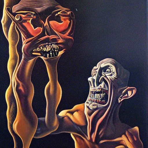 Image similar to Oil painting with black background by Christian Rex Van Minnen Robert Williams Salvador Dali of a portrait of an extremely bizarre disturbing mutated man with intense chiaroscuro lighting perfect composition