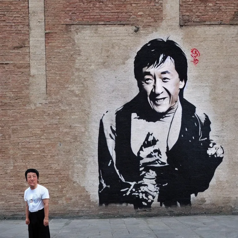 Prompt: Street-art full-body portrait of Jackie Chan in style of Banksy