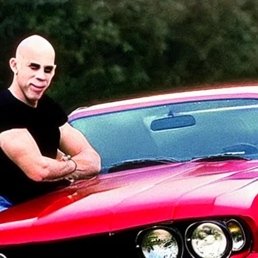 Image similar to coloured photograph of a muscled young white bald guy with broad shoulders, black shirt and a large chest driving a racing red mustang down a british road, high detail, very clear faces