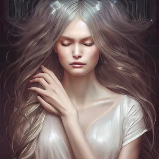 Prompt: an beautiful goddess in a short sleeved white blouse and white long flowing hair, modern, wet skin, shiny, fine art, awesome fantasy book cover on Pinterest, award winning, dark fantasy landscape, fantasy magic, intricate, elegant, sharp focus, cinematic lighting, highly detailed, digital painting, concept art, art by WLOP and Artgerm and Greg Rutkowski, masterpiece, trending on artstation, 8K