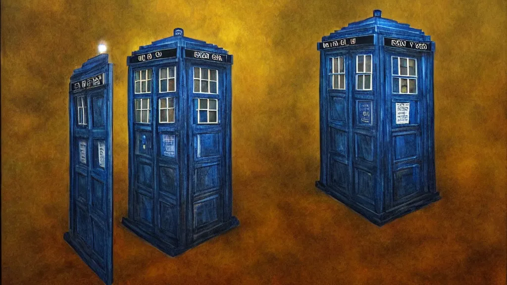 Image similar to an oil painting in the style of alan lee depicting the inside of the tardis