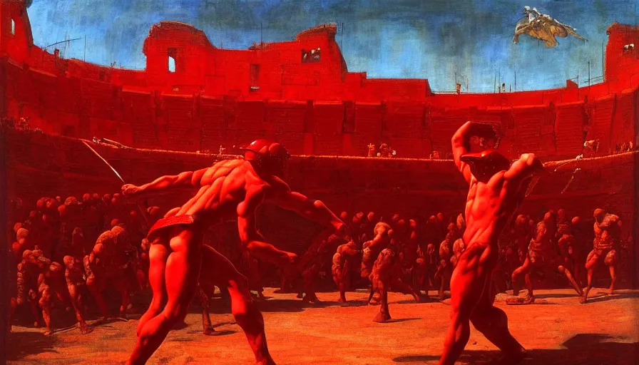 Image similar to only with red, a lightly armored gladiator in a crowded roman amphitheatre, crowd cheering, in the style of beksinski and edward hopper and rodcenko and yue minjun and artgerm, intricate and epic composition, red by caravaggio, highly detailed, masterpiece, red light, artstation, art nouveau