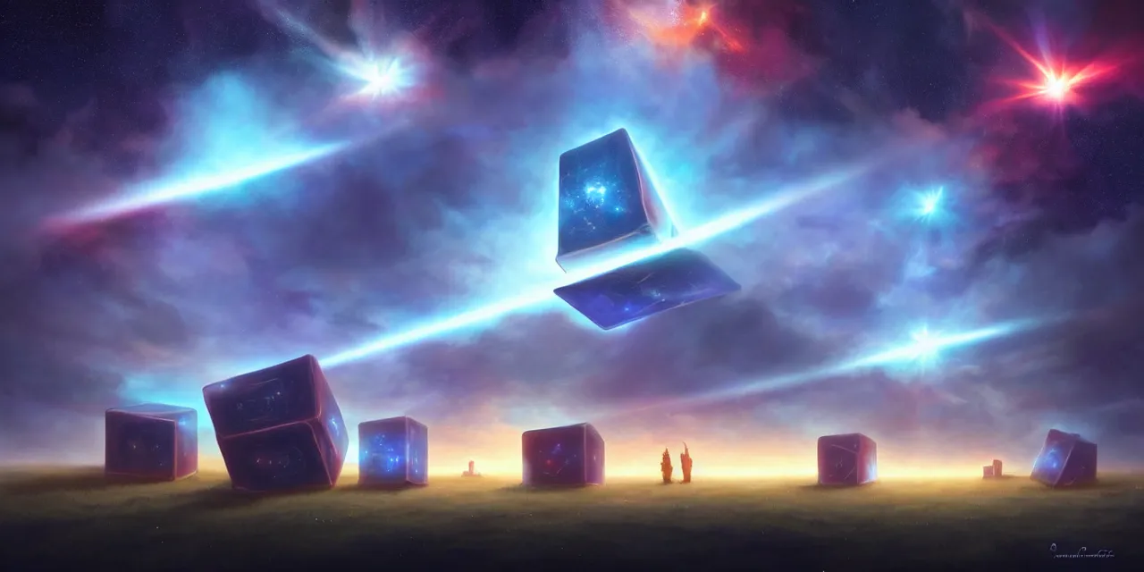 Prompt: a fleet of giant glowing futuristic cubes tied to each other with light beams in the sky, a fantasy magical landscape seen in the distance, atmospheric lighting, intricate, volumetric lighting, beautiful, sharp focus, ultra detailed, in the art style of marc simonetti, bowater charlie and brom gerald, astrophotography