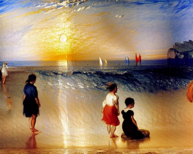 Image similar to a couple and a girl toddler on a beach in sardinia looking at the sunset, there is a sailing boat on the horizon, the woman has long dark hair, white sand, blue sky, summer, white and blue, painting by j. m. w. turner in 2 0 2 2