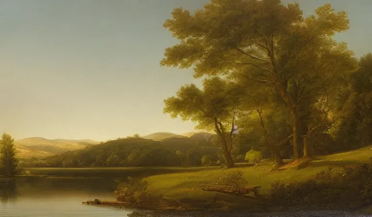 Prompt: A serene landscape with a singular building in the style of Asher Brown Durand.