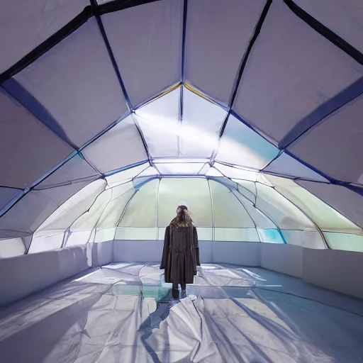 Prompt: an ultra high definition professional studio quality photograph of a transparent iridescent perspex pastel coloured raincoat and head tent on a model in an empty white room. dramatic lighting, ray tracing, refraction, shallow d. o. f, colour corrected, golden ratio, three point light. volumetric shadows. light rays.