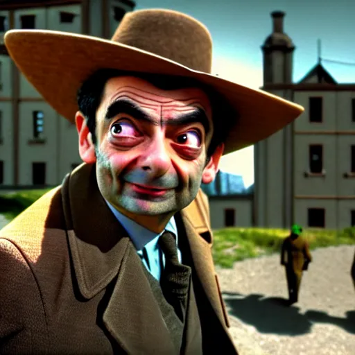 Image similar to mr. bean as the towns drunk from any western movie. movie still. cinematic lighting.