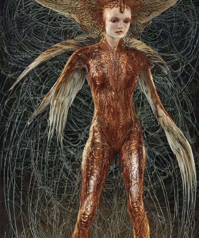 Prompt: a portrait photograph of a hooded sadie sink as a strong alien harpy queen with amphibian skin. she is dressed in a black lace shiny metal slimy organic membrane catsuit and transforming into a insectoid snake bird. by donato giancola, walton ford, ernst haeckel, peter mohrbacher, hr giger. 8 k, cgsociety, fashion editorial