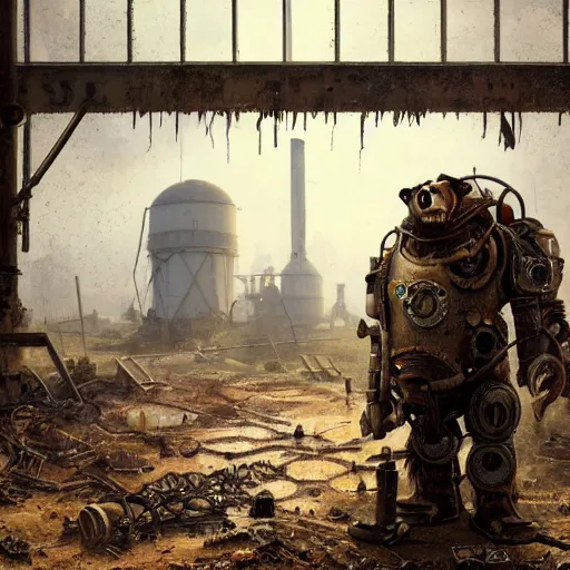 Image similar to a steampunk cyborg grizzly bear walking in a wasteland, abandoned barn in the background, collapsed water tower, painting by Greg Rutkowski, Felix Kelly and Syd Mead, high detail, atmospheric lighting, matte painting, 4k UHD