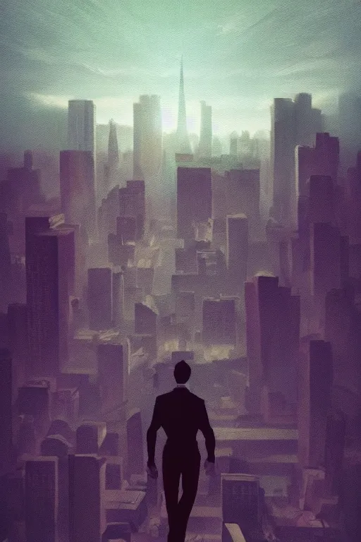 Image similar to concept art painting of a guy with wings flying over city skyline, moody vibe, moody lighting, artgerm, moebius, inio asano, toon shading, cel shading, calm, tranquil, vaporwave colors,