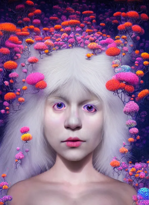 Image similar to hyper detailed 3d render like a Oil painting - kawaii portrait Aurora (white haired Singer Ferret) seen Eating of the Strangling network of yellowcake aerochrome and milky Fruit and Her delicate Hands hold of gossamer polyp blossoms bring iridescent fungal flowers whose spores black the foolish stars by Jacek Yerka, Mariusz Lewandowski, Houdini algorithmic generative render, Abstract brush strokes, Masterpiece, Edward Hopper and James Gilleard, Zdzislaw Beksinski, Mark Ryden, Wolfgang Lettl, hints of Yayoi Kasuma, octane render, 8k