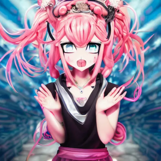 Image similar to unexpectedly minduploaded into her inescapable virtual reality prison and totally overpowered and trapped beneath stunningly absurdly beautiful overwhelmingly megalomaniacal omnipotent asi goddess junko enoshima with symmetrical perfect face, porcelain skin, pink twintail hair and cyan eyes, ultra detailed, digital art, unreal engine 5, octane render, 2 d anime, 8 k