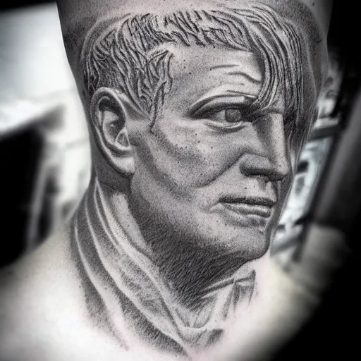 Image similar to double - exposure effect of davids statue face with cracks, in the style of dan mountford, amazing detail, black and white, tattoo sketch