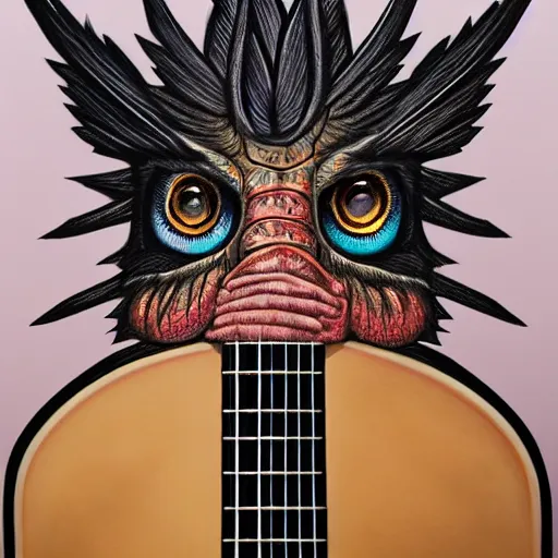 Image similar to eyes, guitar, extremely Highly detailed, Occult, funny, humorous, humor, hilarious, funny, entertaining, magical, trending on artstationHQ, closeup, D&D, intricate, elegant, highly detailed, digital painting, artstation, concept art, matte, sharp focus, illustration