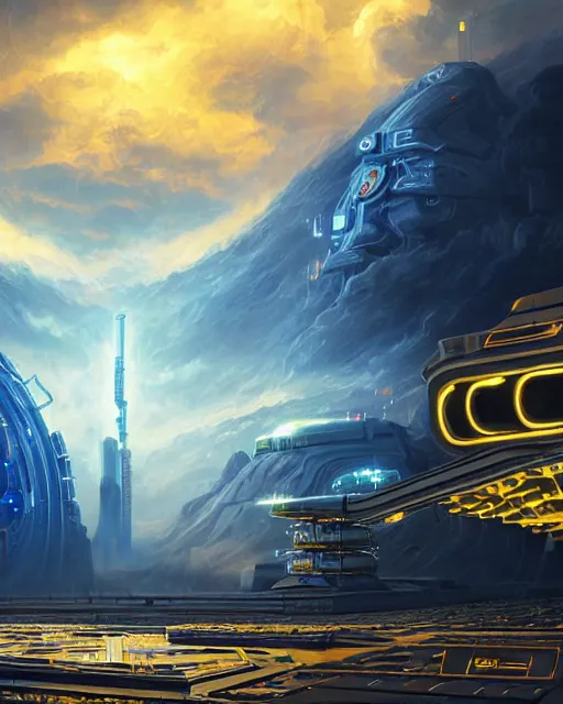 Image similar to cult of technology, exterior of scifi temple, machines, robots, ultra realistic, golden computers, blue, white, highly detailed, mountains, clouds, atmosphere, masterpiece, epic lighting, glowing wires, mysterious, illuminated, 4 k, cinematic, art by patryk olkiewicz and chris ostrowski and liang yao