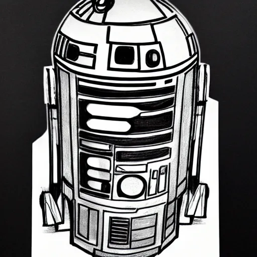 Prompt: full body black and white pencil sketch of muscular R2D2