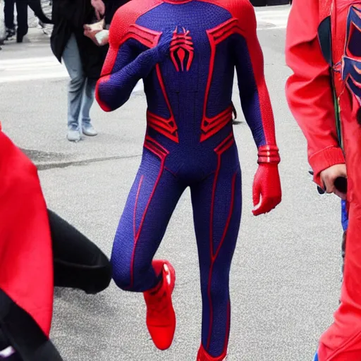 Image similar to jaden smith as spiderman, jaden smith wearing the spiderman suit