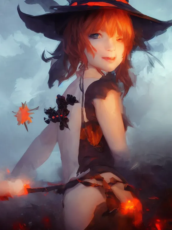 Image similar to Full shot of a cute mischievous young witch about to get up to some trouble. Black and Orange palette. By Ruan Jia and Artgerm and Range Murata and WLOP and CLAMP. Key Art. Fantasy Illustration. award winning, Artstation, intricate details, realistic, Hyperdetailed, 8k resolution.