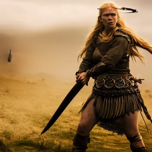 Prompt: a photograph of viking shield maiden in the battlefield, action movie, movie still, cinematic, filmic, dramatic, volumetric light