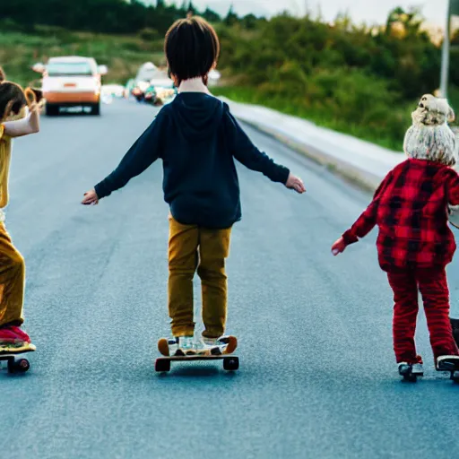 Image similar to three children belly - skateboarding on busy highway, award winning photograph, lens flare, 3 5 mm, cinematic
