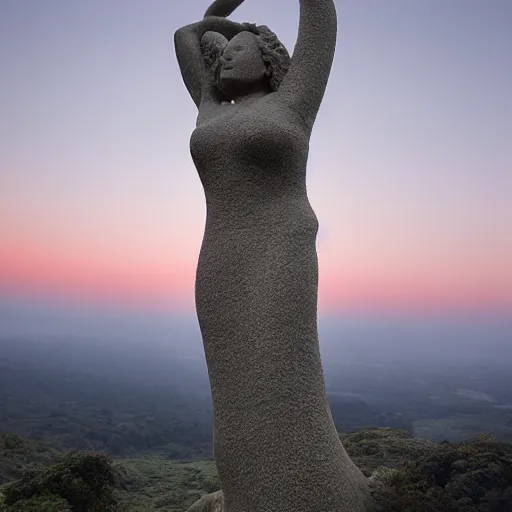 Prompt: a detailed colossal magnificent stone sculpture carved from the top of a massive mountain of an elegant woman lying flat on the ground with one hand raised to the sky, fine detail, sunrise on the horizon in the background, stone hand raised up, 8 k, art by meera mukherjee and ramkinker baij