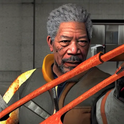Prompt: Morgan Freeman as Gordon Freeman in Half-Life 2, holding a crowbar