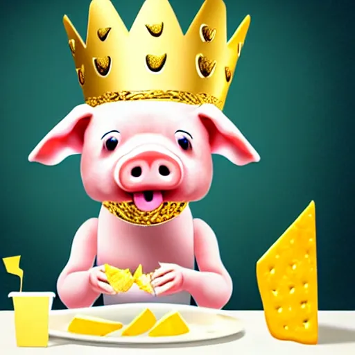 Image similar to realistic photo of a cute puppet pig wearing a gold crown eating cheese wedges at a table with a bib on, high quality, cinematic concept art