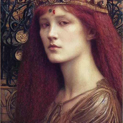 Image similar to detailed realistic beautiful young medieval queen face portrait by jean delville and ruan jia, art nouveau, symbolist, visionary, gothic, pre - raphaelite