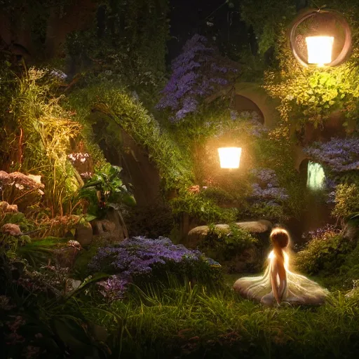 Image similar to fairy glowing magically at night concept art, realistic garden, beautiful, glorious, matte painting, highly detailed, trending on artstation, 4 k, rendered in octane