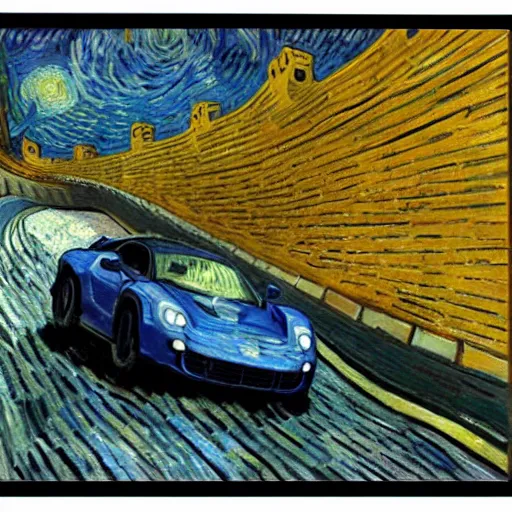 Image similar to An oil painting of a supercar is running on the Great Wall, by Van Gogh