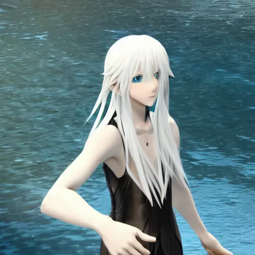 Image similar to a long white haired anime character holding out his hand in front of a body of water, a screenshot by michelangelo, deviantart contest winner, vanitas, official art, unreal engine 5, unreal engine. kingdom hearts opening. sharp focus. highly detailed. masterpiece. anime render. cinematic lighting. lifelike.