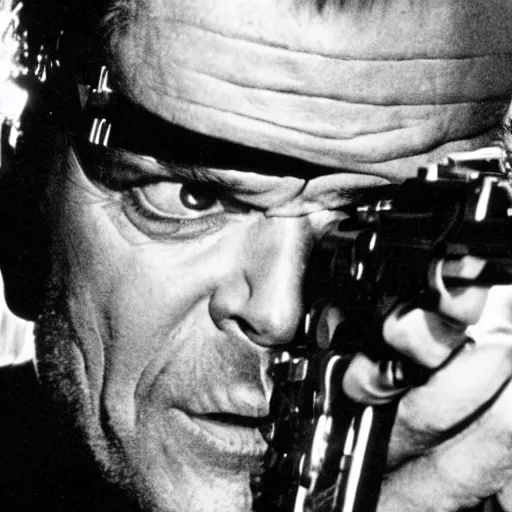 Image similar to Jack Nicholson plays Terminator, shooting from a gun, film still