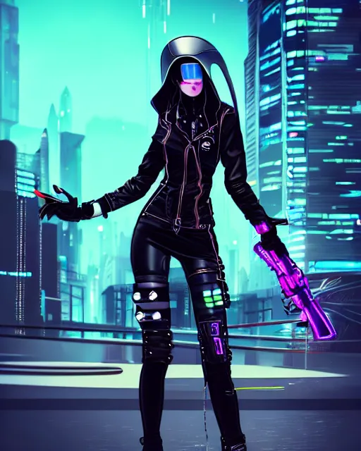 Prompt: concept art of a cyber punk girl wearing a black leather jacket with neon spikes, wearing a futuristic biker helmet, holding a futurstic cyberpunk weapon, standing in a busy cyberpunk city center | | epic - fine - trending on artstation, brush strokes