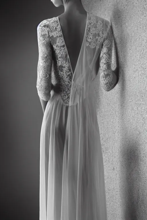 Image similar to sheer dress with plunging neckline and lace sleeves. award-winning fashion photography. intimate and vulnerable lighting. 130mm bw fashion photography.