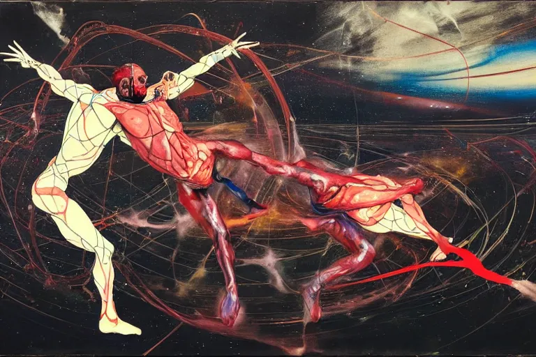 Image similar to two muscular men entwined, floating in space, zero gravity, inside a brutalist space ship, gothic, rich deep colours, painted by francis bacon, adrian ghenie, james jean and petra cortright, part by gerhard richter, part by takato yamamoto. 8 k masterpiece