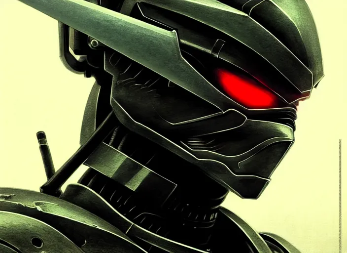 Image similar to a film portrait of a cyborg ninja raiden, finely detailed features, closeup at the face, sharp focus, perfect art, warzone background, cinematic lighting, intricate, anime, illustration, artstation, trending on pixiv fanbox, painted by greg rutkowski, studio ghibli, yoji shinkawa, hayao miyazaki,