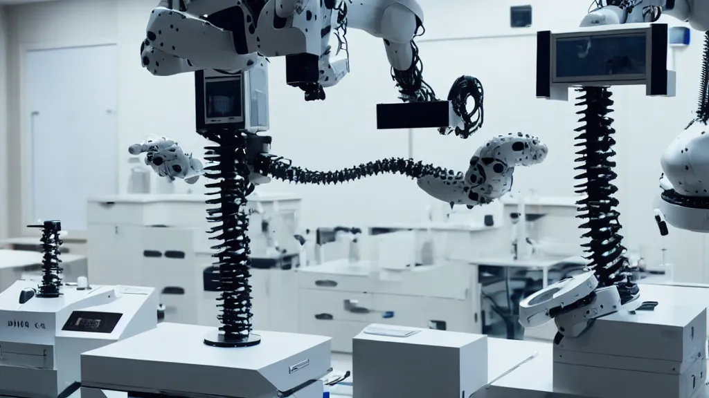 Image similar to a complex bifurcated robotic cnc surgical arm hybrid mri 3 d printer machine making black and white ceramic mutant forms in the laboratory inspection room, film still from the movie directed by denis villeneuve with art direction by salvador dali, wide lens