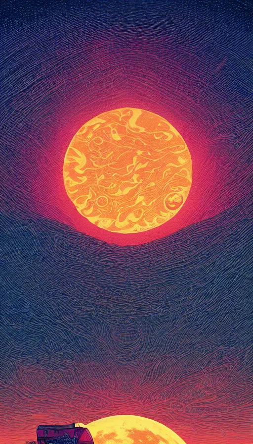 Image similar to harvest moon floating on cosmic maelstrom sky at sunset, futurism, dan mumford, victo ngai, kilian eng, da vinci, josan gonzalez