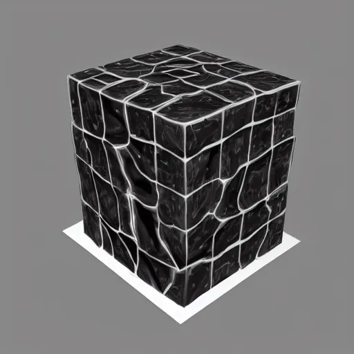 Image similar to obsidian lava greeble cube, highly detailed, 3d render