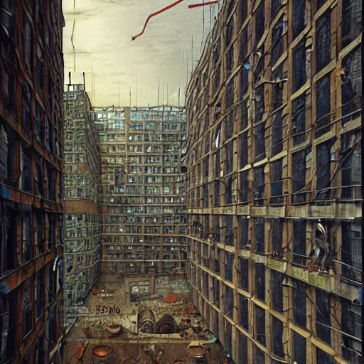 Image similar to sci fi containment building in a city, architecture detailed illustration surrealism by dariusz klimczak pieter bruegel