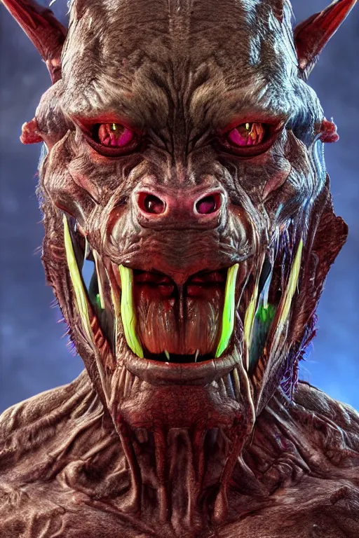 Image similar to full shot, humanoid orc alien wolf bat goblin demon mash - up, photorealistic, 8 k uhd, unreal engine 5 rendered, portrait, extremly detailed, hyper realistic, extremely detailed, colorful by wayne barlowe