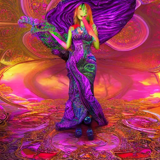 Image similar to psychadelic witch, hyper detailed, flowing psychadelic background intricate and detailed, ornate 8 k gorgeous intricate detailed, octane render