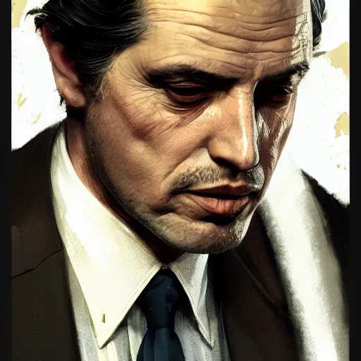 Image similar to highly detailed portrait, the godfather, in gta v, stephen bliss, unreal engine, fantasy art by greg rutkowski, loish, rhads, ferdinand knab, makoto shinkai and lois van baarle, ilya kuvshinov, rossdraws, tom bagshaw, global illumination, radiant light, detailed and intricate environment