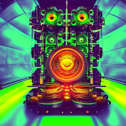 Image similar to album art, tripmachine, album is called tripmachine, photo of a huge futuristic steampunk machinery inside a futuristic generator, 8 k, fluorescent colors, halluzinogenic, multicolored, exaggerated detailed, front shot, 3 d render, octane